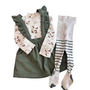 3T Girls Horse Print Top Corduroy Ruffle Jumper Dress Tights Set Horse Girly SET